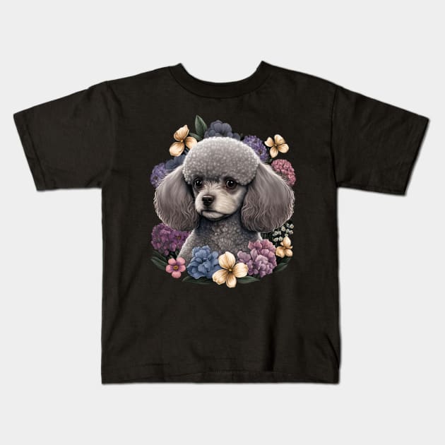 Gray Toy Poodle and Flowers Kids T-Shirt by kansaikate